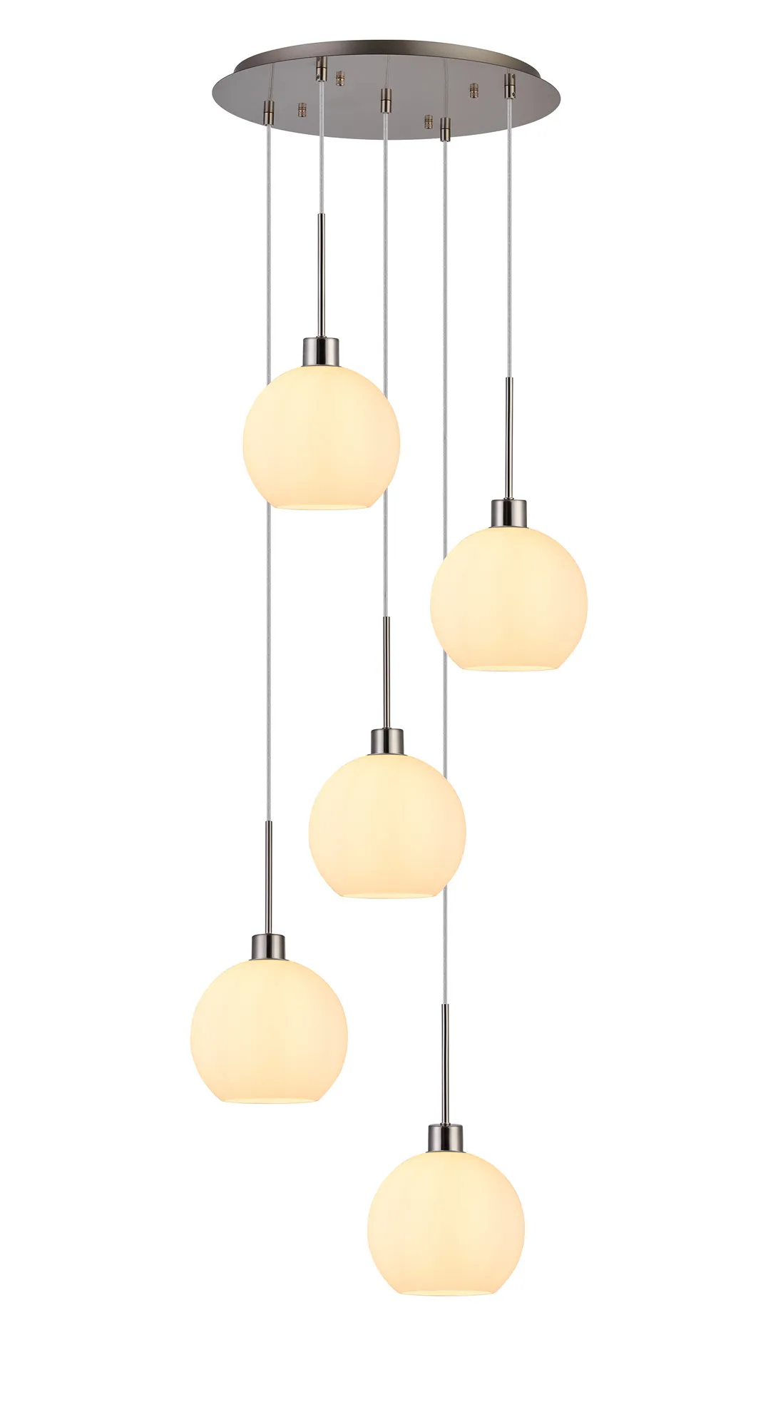 DK1381  Lori 45cm Round Pendant, 5 Light Adjustable E27, Satin Nickel/Opal Open Mouth Round Globe Shades